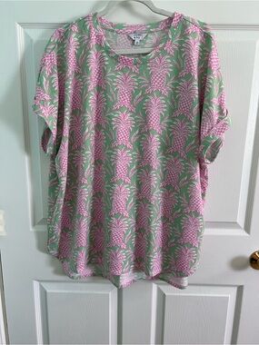 crown & ivy Pink Pineapple Print Short Sleeve Tee on Green